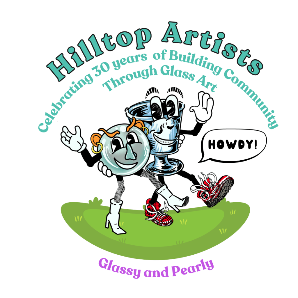 Hilltop Artists 30th anniversary mascots, Glassy and Pearly, strolling on the grass.